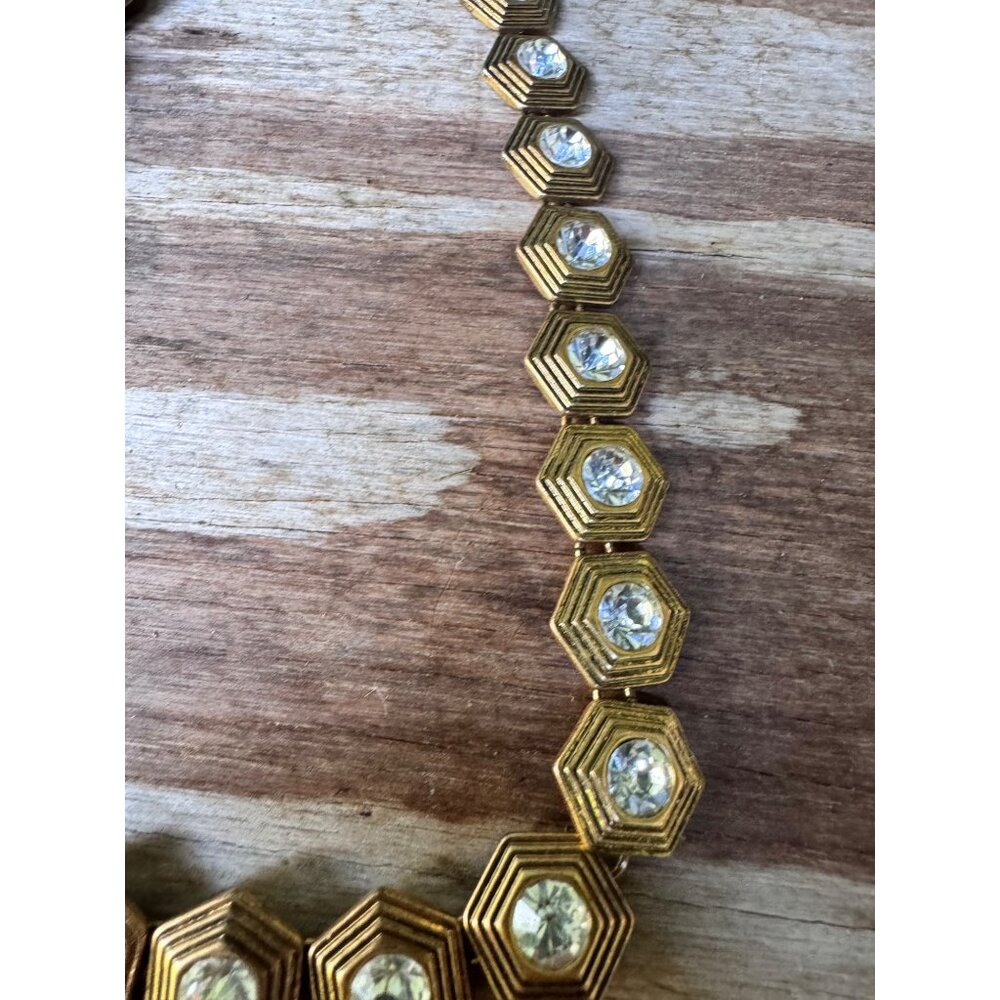 J Crew Gold Hexagonal Statement Necklace With Crystal Accents Lobster Clasp - Picture 3 of 6